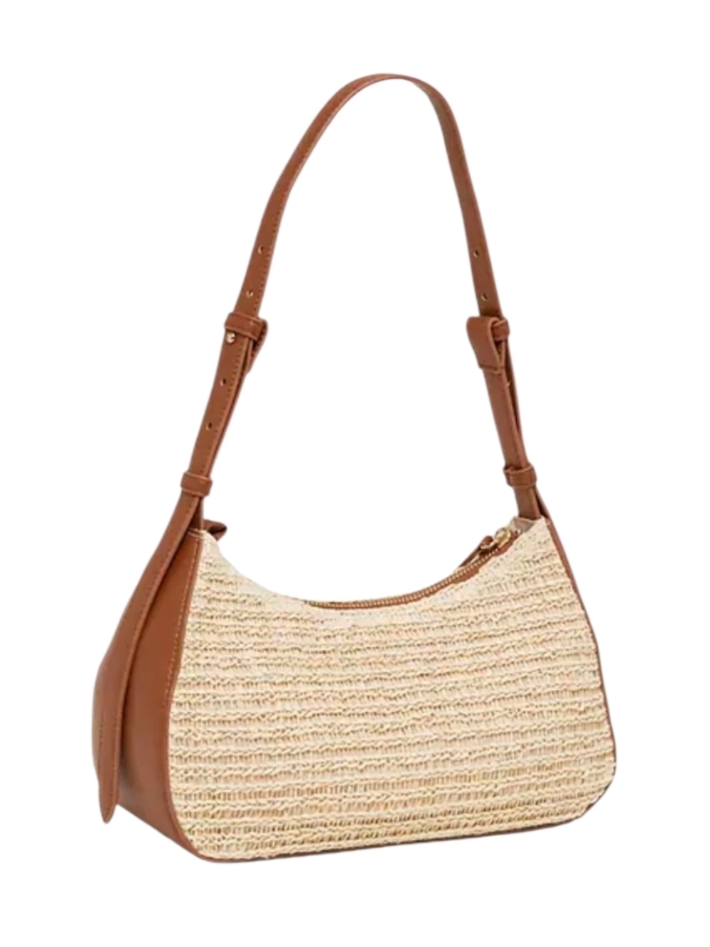 Womens Slouchy Shoulder Bag Woven Straw Faux Leather Trim Adjustable Strap Zip